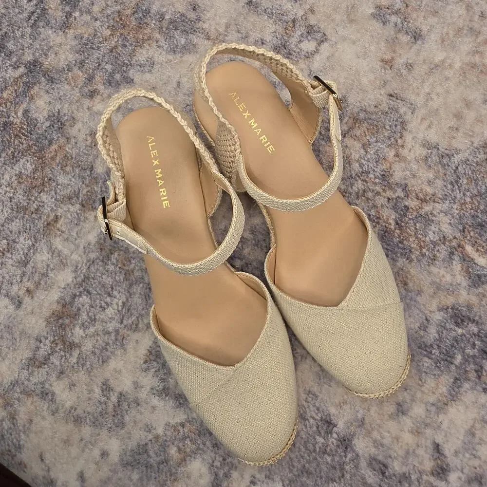 Alex Marie Shoes Womens Size 7.5 Beige Espadrille Wedge Sandals Ankle Strap Boho